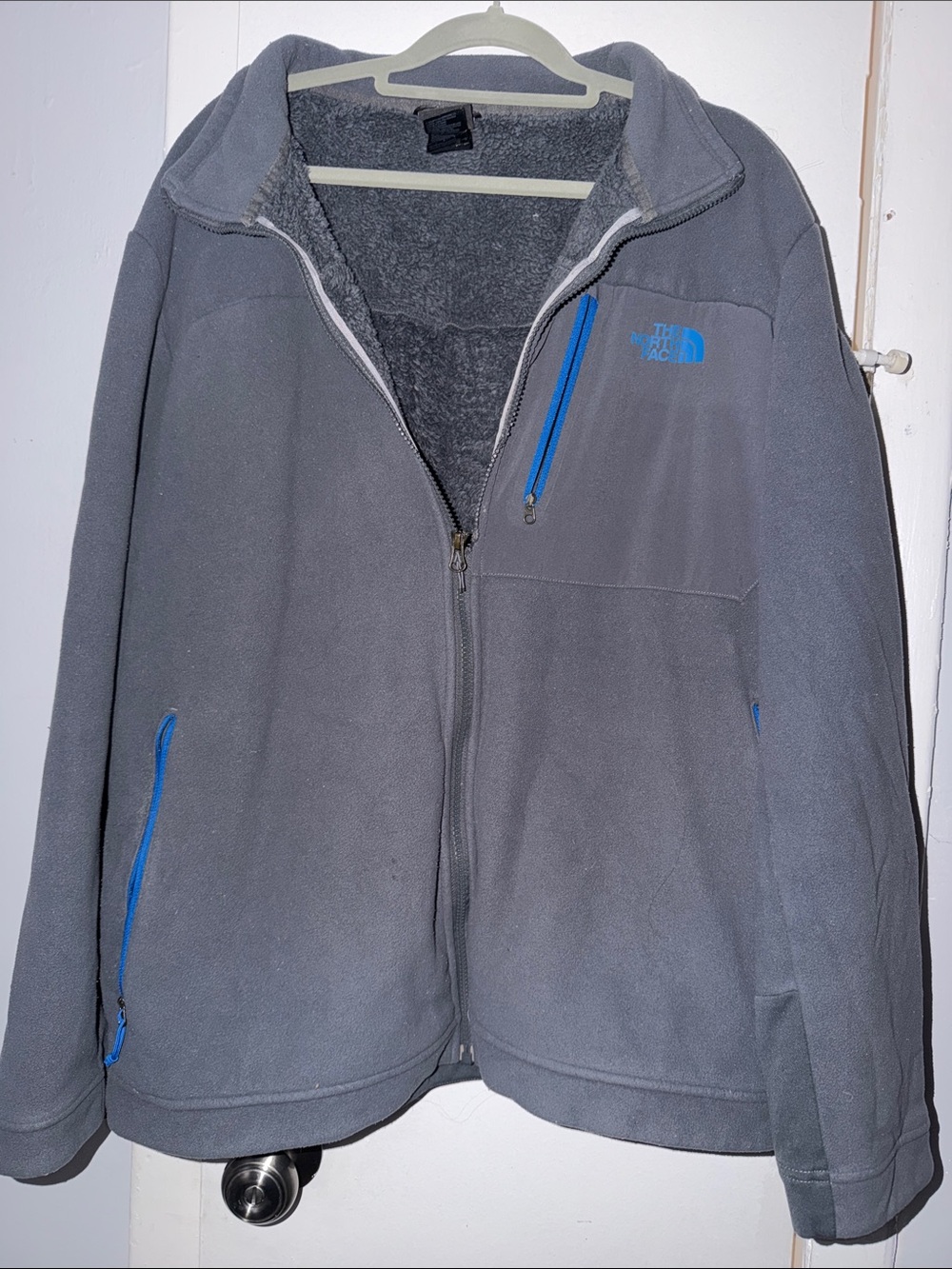 The North Face Men's Gray Fleece Jacket with Blue Accents-XL
